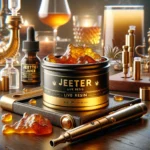 DALL·E-2024-03-25-14.13.52-Create-a-hyper-photo-realistic-4K-quality-image-of-a-Jeeter-Juice-Live-Resin-container-open-on-a-table-showcasing-the-golden-glossy-texture-of-the-